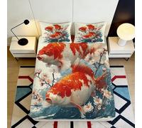 3D Printed Koi Fish Fitted Sheet Microfiber Soft Red Orange Sakura Mattress Cover for Bedroom Guest Room Decor 90x200x25cm
