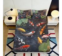 3D Printed Koi Lotus Fitted Sheet Microfiber Deep Pocket Non-Slip Bedroom Bedding Koi Mattress Fitted Cover Washable 160x200x25cm