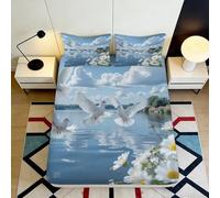 3D Printed Lake Blue Fitted Sheet Microfiber Soft Nature Scenery Mattress Cover with Flying Seagulls for Bedroom Guest Room 90x200x25cm