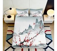 3D Printed Landscape Fitted Sheet Microfiber Non-Slip Plum Blossom Mattress Fitted Cover Deep Pocket Bedroom 180x200x25cm
