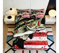 3D Printed Largemouth Bass Fitted Sheet Microfiber Soft Red Stripes American Flag Bed Cover for Bedroom Dorm Mattress Decor 90x200x25cm