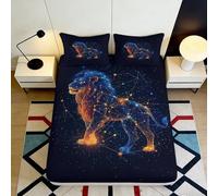3D Printed Leo Constellation Fitted Sheet Microfiber Deep Pocket Non-Slip Bedroom Bedding Lion Zodiac Mattress Fitted Cover 200x200x25cm