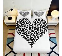 3D Printed Leopard Heart Fitted Sheet Microfiber Black White Animal Print Bed Sheet Bedroom Dorm Decor Mattress Protection 90x200x25cm