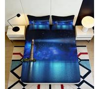 3D Printed Lighthouse Night Sky Fitted Sheet Microfiber Soft Mattress Cover for Bedroom Guest Room Decor Protection 90x200x25cm