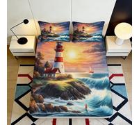 3D Printed Lighthouse Ocean Fitted Sheet Microfiber Deep Pocket Bedroom Bedding Lighthouse Mattress Fitted Cover Non-Slip Full Wrap for All Ages 120x200x25cm