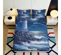 3D Printed Lighthouse Ocean Fitted Sheet Microfiber Non-Slip Deep Pocket Lighthouse Mattress Fitted Cover Full Wrap for Bedroom 200x200x25cm