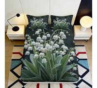 3D Printed Lily of the Valley Fitted Sheet Microfiber Soft Breathable White Flower Bed Cover for Bedroom Dormitory Guest Room Mattress Protection 160x200x25cm