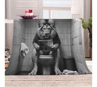 3D Printed Lion Sitting On The Toilet Reading A Newspaper Flannel Fleece Blanket (270GSM) Humorous Fantasy Style Super Cozy 150x200 cm Double Size Fade Resistant Home Decor Gift - Machine Washable