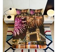 3D Printed London Bridge Fireworks Fitted Sheet Microfiber Deep Pocket Non-Slip Bedroom Night Scene Mattress Fitted Cover 180x200x25cm