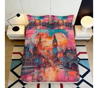 3D Printed London City Art Fitted Sheet Microfiber Deep Pocket Non-Slip Bedding London Mattress Fitted Cover Washable for Home Use 160x200x25cm