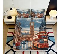 3D Printed London City Fitted Sheet Microfiber Deep Pocket Full Wrap Bedroom Bedding London Design Mattress Fitted Cover Washable for Adults 90x200x25cm