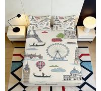 3D Printed London City Pattern Fitted Sheet Microfiber Deep Pocket Non-Slip Bedroom Bedding London Mattress Fitted Cover Washable Mattress Protection 160x200x25cm