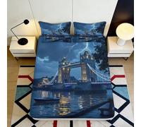 3D Printed London Tower Bridge Fitted Sheet Microfiber Deep Pocket Bedroom Bedding London Theme Mattress Fitted Cover for Adults Youth 200x200x25cm