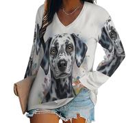 3D Printed Long Sleeve T-Shirts Women's Watercolor Dalmatian Pattern V-Neck Tee Shirt Pullover Tops Fall Cute Animal Prints Loose-Fitting, Lightweight Long-Sleeved T-Shirt