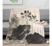 3D Printed Lotus flower Soft Throw Microfiber Ultra Soft Warm Bedding Chinese ink painting Couch Blanket Wrinkle Resistant for Young Adults Renters Office Workers Students 40x50inch(100x130cm)