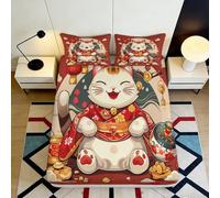 3D Printed Lucky Cat Fitted Sheet Microfiber Deep Pocket Non-Slip Bedroom Bedding Lucky Cat Mattress Fitted Cover Washable Home Adult 140x200x25cm