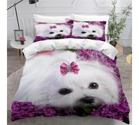 3D Printed Maltese Dog Super King Duvet Cover Flowers Duvet Sets Soft Breathable Microfibre 3Pcs Bedding 260x220 with Hidden Zipper Closure and 2 Pillowcases 50x75 2519-D