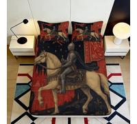 3D Printed Medieval Knight Fitted Sheet Microfiber Black Red Horse Warrior Bed Cover Anti-Slip Easy Care Decor 90x200x25cm
