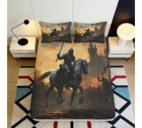 3D Printed Medieval Knight Fitted Sheet Microfiber Soft Black Orange Castle Bed Cover for Bedroom Dorm Mattress Decor 90x200x25cm