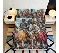 3D Printed Medieval Knight Fitted Sheet Microfiber Soft Breathable Horse Battle Bed Cover for Bedroom Dorm Decor 90x200x25cm