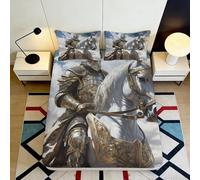 3D Printed Medieval Knight Fitted Sheet Microfiber Soft Breathable Horse Warrior Bed Cover for Bedroom Guest Room Decor 90x200x25cm