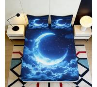 3D Printed Moon Night Sky Fitted Sheet Microfiber Soft Blue Clouds Bed Cover for Bedroom Dorm Mattress Decor 90x200x25cm