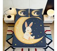 3D Printed Moon Rabbit Fitted Sheet Microfiber Deep Pocket Non-Slip Bedroom Bedding Moon Rabbit Mattress Fitted Cover for Adults Teens 90x200x25cm