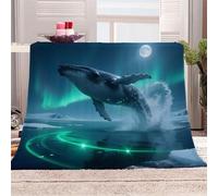 3D Printed Moon Whale Aurora Flannel Fleece Blanket （270GSM） Marine Animals Super Cozy 150x200 cm Double Size Fade Resistant Home Decor Gift - Machine Washable