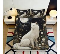 3D Printed Moonlit White Fox Fitted Sheet Microfiber Non-Slip Deep Pocket Bedroom Moon Night Fox Mattress Fitted Cover Washable 120x200x25cm