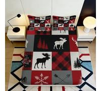 3D Printed Moose Forest Fitted Sheet Microfiber Red Black Plaid Bed Cover for Bedroom Guest Room Decor Protection 90x200x25cm