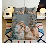 3D Printed Nativity Scene Fitted Sheet Microfiber Soft Blue Beige Holy Family Bed Cover for Bedroom Dorm Mattress Protection Decor 90x200x25cm