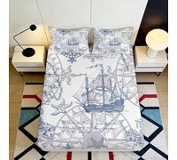 3D Printed Nautical Fitted Sheet Microfiber Deep Pocket Bedroom Bedding Sailing Mattress Fitted Cover Non-Slip Elastic Hem for Adults Teens 160x200x25cm