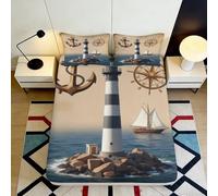 3D Printed Nautical Lighthouse Fitted Sheet Microfiber Soft Breathable Anchor Sailboat Mattress Cover Bedroom Decor 90x200x25cm