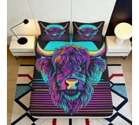 3D Printed Neon Buffalo Fitted Sheet Microfiber Soft Breathable Psychedelic Animal Mattress Cover for Bedroom Dorm Decor 90x200x25cm