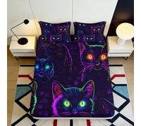 3D Printed Neon Cat Fitted Sheet Microfiber Soft Breathable Psychedelic Cat Bed Cover for Bedroom Dorm Mattress Decor 90x200x25cm