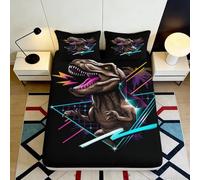 3D Printed Neon Dinosaur Fitted Sheet Microfiber Deep Pocket Non-Slip All Wrap Dinosaur Mattress Fitted Cover for Bedroom 140x200x25cm