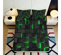 3D Printed Neon Grid Fitted Sheet Microfiber Soft Black Green Matrix Bed Cover for Bedroom Guest Room Decor 90x200x25cm