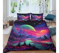 3D Printed neon planet landscape Bed Cover Premium Polyester vibrant sci-fi art Duvet Cover Wrinkle Resistant Fade Resistant Soft Comfortable Machine Washable for Bedroom Use Double（200x200cm）