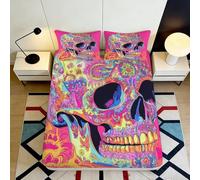 3D Printed Neon Skull Fitted Sheet, Microfiber Bed Cover, non-slip home