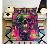 3D Printed Neon Skull Fitted Sheet, Microfiber Bed Cover, non-slip, home