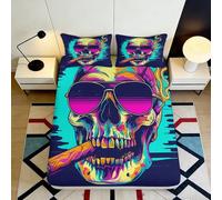 3D Printed Neon Skull Fitted Sheet Microfiber Soft Breathable Psychedelic Bed Cover for Bedroom Dorm Mattress Protection Decor 90x200x25cm
