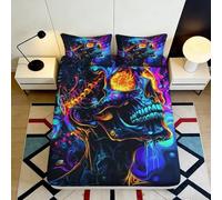 3D Printed Neon Skull Fitted Sheet Microfiber Soft Breathable Psychedelic Skeleton Mattress Cover Bedroom Decor 90x200x25cm