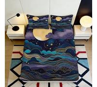 3D Printed Night Sky Fitted Sheet Microfiber Blue Moon Waves Mattress Cover Bedroom Decor Soft Washable 90x200x25cm
