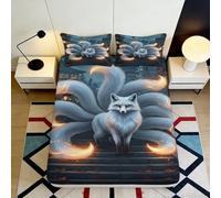 3D Printed Nine Tails Fox Pattern Fitted Sheet Microfiber Non-Slip Deep Pocket Fox Mattress Fitted Cover for Bedroom 90x200x25cm
