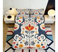 3D Printed Nordic Deer Floral Fitted Sheet Microfiber Soft Breathable Folk Art Mattress Cover Bedroom Decor 140x200x25cm
