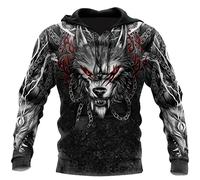 3D Printed Nordic Men's Hoodie Viking Warrior Tattoo Sweatshirt Retro Street Pullover Casual Jacket,Fenrir Hoodie,M