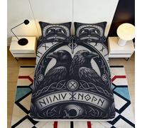 3D Printed Norse Raven Fitted Sheet Microfiber Black Viking Rune Bed Cover Anti-Slip Machine Washable for Bedroom Home 90x200x25cm