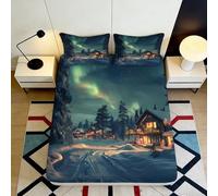 3D Printed Northern Lights Cabin Fitted Sheet Microfiber Soft Scenic Forest Bed Cover for Bedroom Guest Room 90x200x25cm