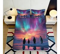 3D Printed Northern Lights Fitted Sheet Microfiber Soft Breathable Penguin Sunset Mattress Cover for Bedroom Decor 90x200x25cm