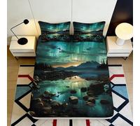 3D Printed Northern Lights Fitted Sheet Microfiber Soft Forest Lake Bed Cover for Bedroom Dorm Mattress Decor 90x200x25cm